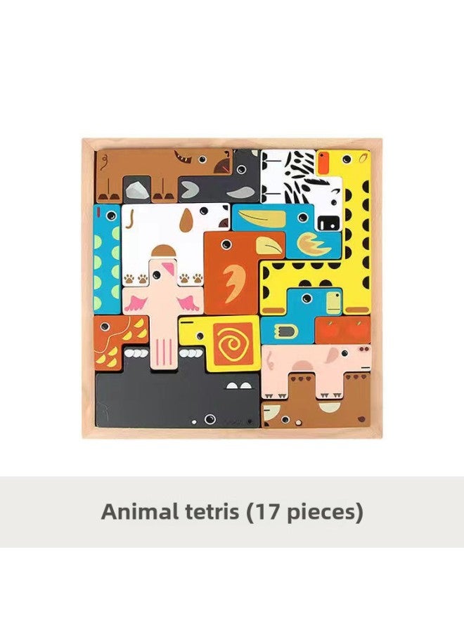 Benefiting Intelligence Development Wooden Children's Toys 1 Kindergarten 3 Gift Animals Tetris Varied Building Blocks Puzzle-Color:Animals Russia 17 Blocks - Image 1