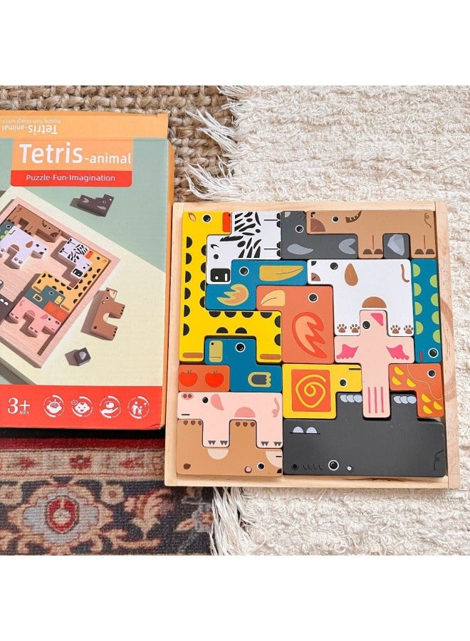 Benefiting Intelligence Development Wooden Children's Toys 1 Kindergarten 3 Gift Animals Tetris Varied Building Blocks Puzzle-Color:Animals Russia 17 Blocks - Image 3