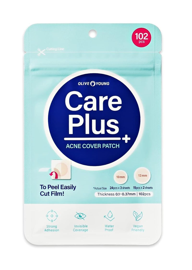 OLIVE YOUNG OLIVE YOUNG Care Plus Spot Patch 1 Pack | Hydrocolloid Acne Korean Spot Patch to Cover Zits, Pimples and Blemishes, for Troubled Skin and Face (102 Count - 10mm*72ea + 12mm*30ea) 