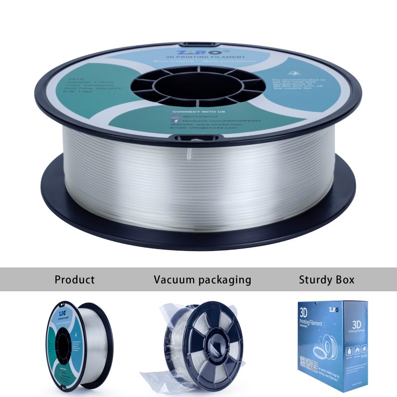 ZIRO PETG 3D Printer Filament, 1.75mm Diameter, 1kg Spool, Low Warping, No Odor, TRANSPARENT - Image 1