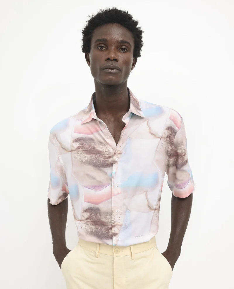 Rare Rabbit Rare Rabbit Men's Errai Beige Viscose Fabric Short Sleeve Regular Collar Boxy Fit Abstract Print Shirt