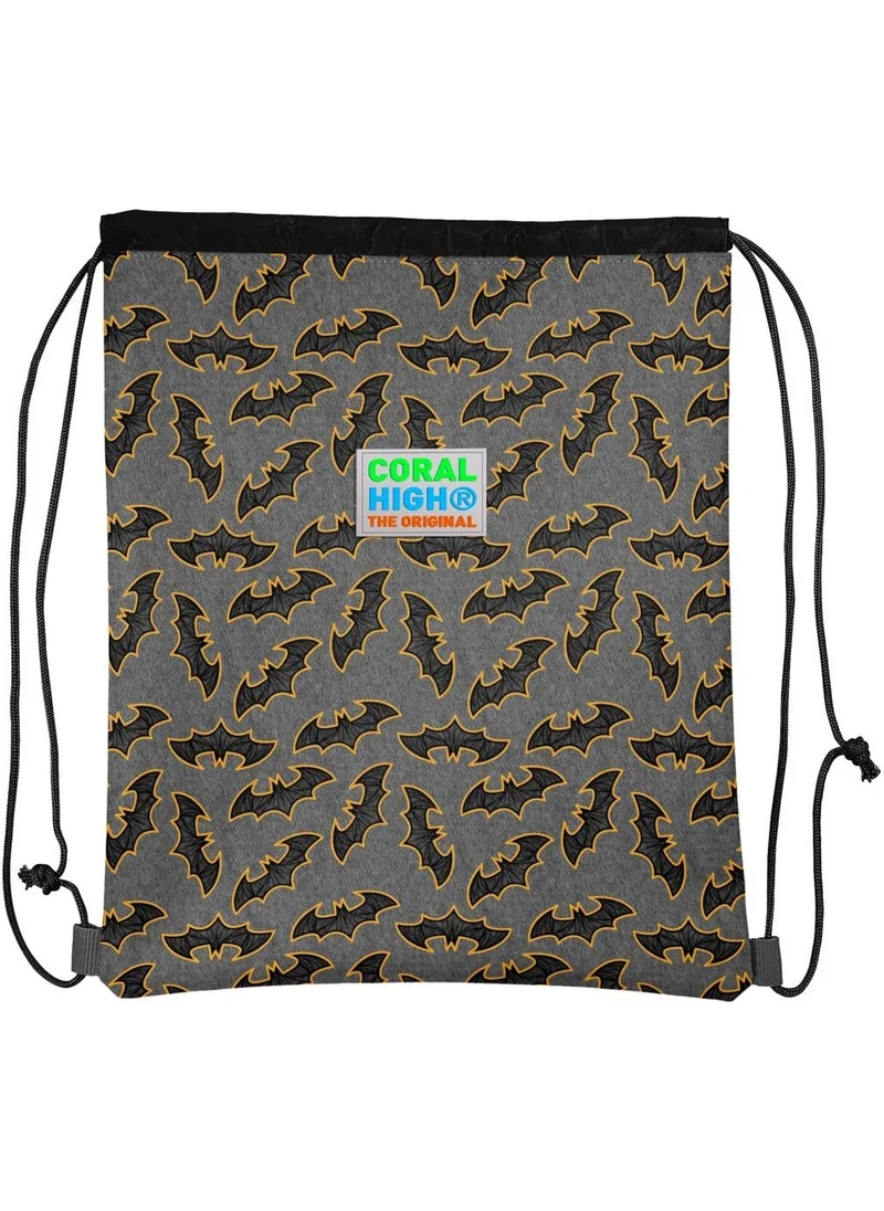 CORAL HIGH Kids Dark Gray Mustard Bat Patterned Drawstring Backpack 22471