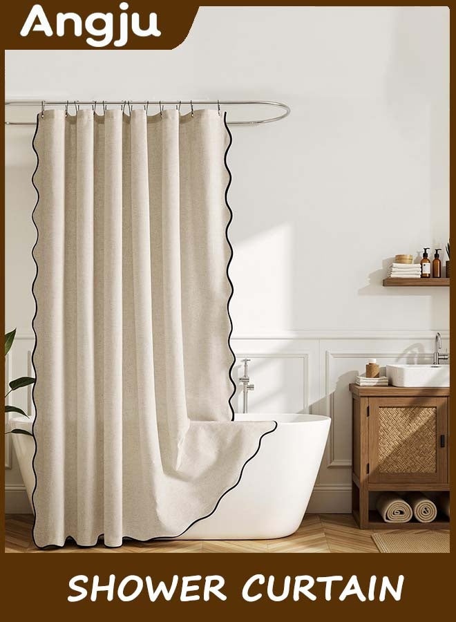 انججو Shower Curtain, Scalloped Bathroom Curtain with 12 Metal Hooks, Boho Heavy Duty Washable Waterproof Thick Cloth Shower Curtains Liner with Black Border for Bathroom Hotel Bathtub (Brown) - Image 1