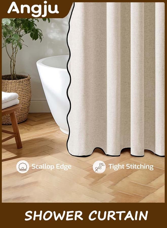 انججو Shower Curtain, Scalloped Bathroom Curtain with 12 Metal Hooks, Boho Heavy Duty Washable Waterproof Thick Cloth Shower Curtains Liner with Black Border for Bathroom Hotel Bathtub (Brown) - Image 5