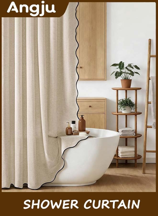 انججو Shower Curtain, Scalloped Bathroom Curtain with 12 Metal Hooks, Boho Heavy Duty Washable Waterproof Thick Cloth Shower Curtains Liner with Black Border for Bathroom Hotel Bathtub (Brown) - Image 4