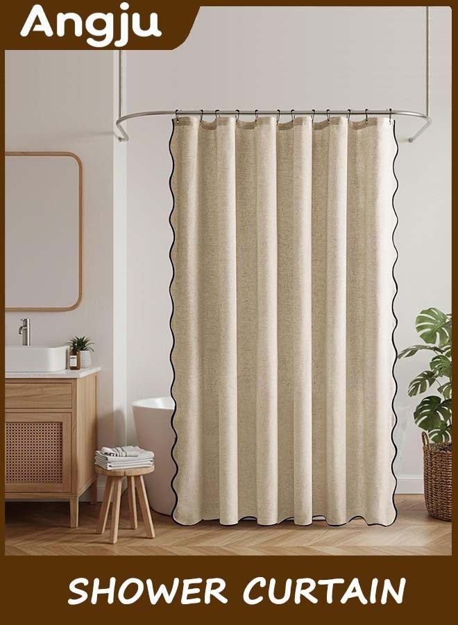 انججو Shower Curtain, Scalloped Bathroom Curtain with 12 Metal Hooks, Boho Heavy Duty Washable Waterproof Thick Cloth Shower Curtains Liner with Black Border for Bathroom Hotel Bathtub (Brown) - Image 2