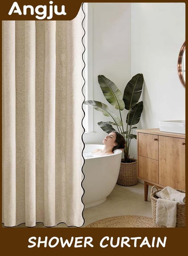 انججو Shower Curtain, Scalloped Bathroom Curtain with 12 Metal Hooks, Boho Heavy Duty Washable Waterproof Thick Cloth Shower Curtains Liner with Black Border for Bathroom Hotel Bathtub (Brown) - Image 3