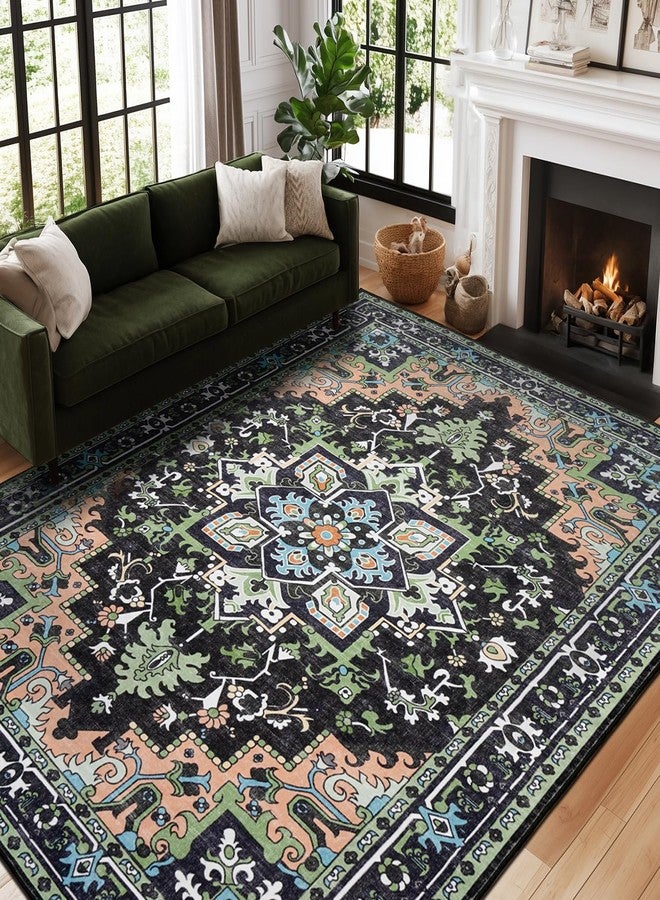 Lofus 5x7 Area Rugs, Vintage Washable Area Rug for Living Room, Floral Boho Area Rugs for Bedroom, Office, Non-Slip Colorful Rug, Traditional Vintage Style, Plush Low-Pile Soft Carpet, Dark Green - Image 2