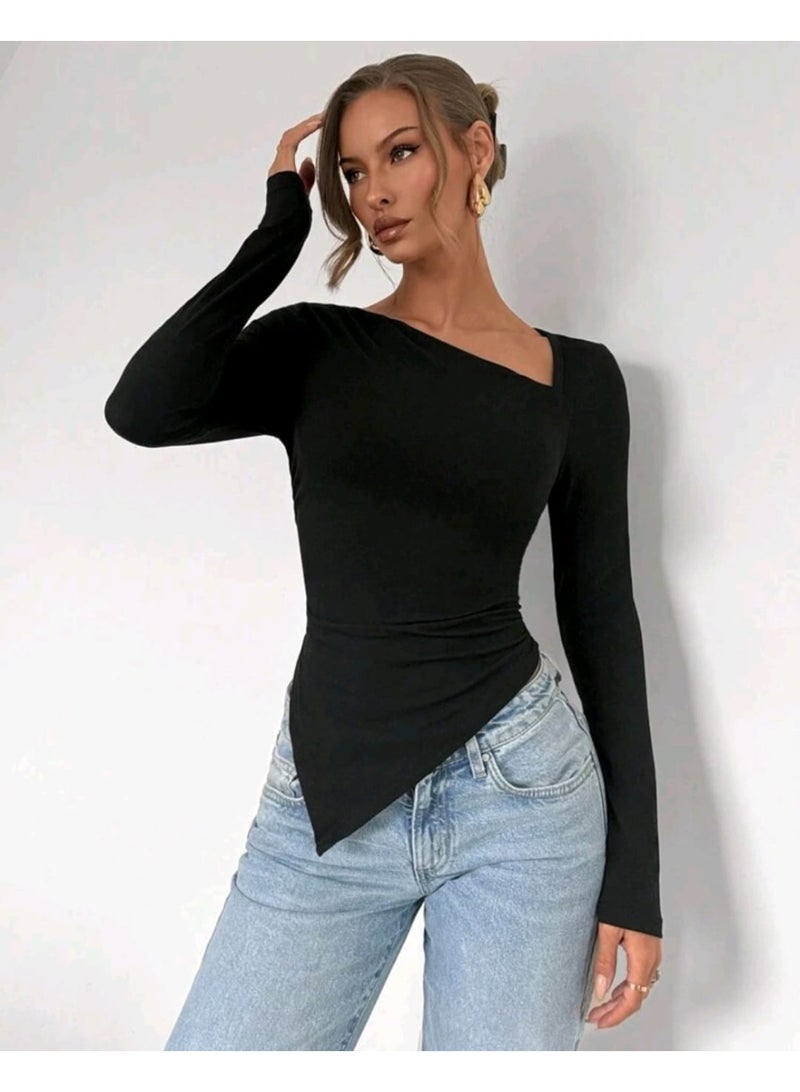 شي إن بلوزة من SHEIN بلون موحد، بأكمام طويلة وحافة غير متماثلة - Image 1