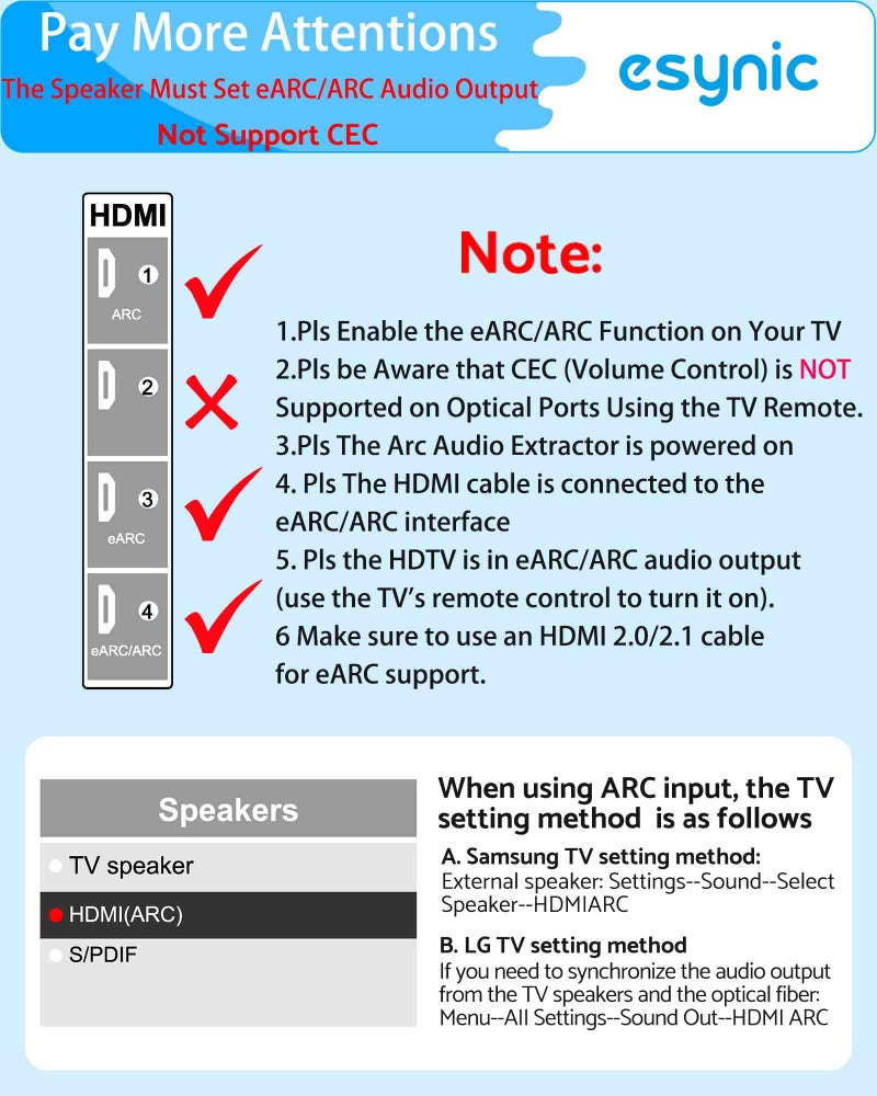 eSynic Professional eARC/ARC to Optical Audio Extractor [Only Work With HDTV & Only for ARC/eARC Interface] Portable 192KHZ eARC/ARC Audio to Optical Adapter From HDTV to Soundbar/HomeTheater [No CEC] - Image 4