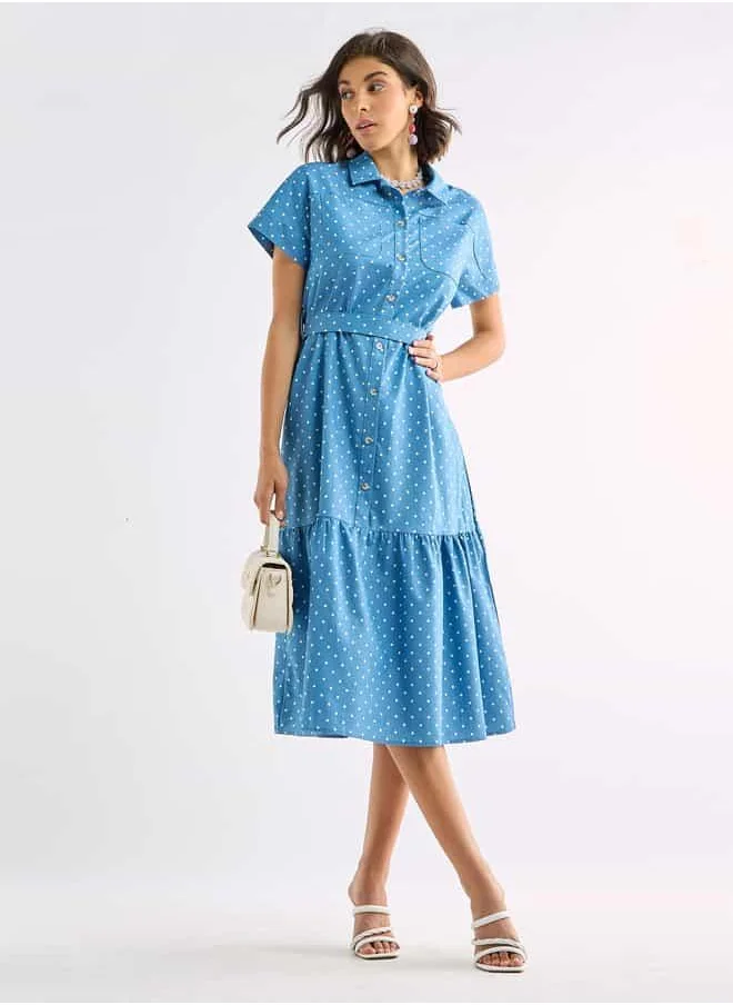 FAV Polka Dot Print Shirt Dress with Pockets and Tie-Up Detail