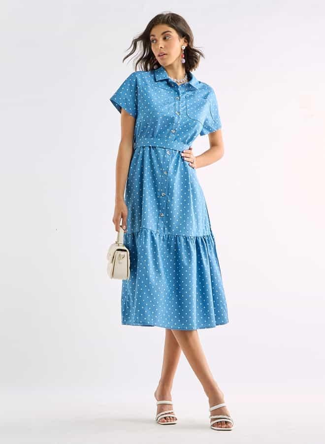 سبلاش فيڤ فستان قميص بطبعات منقّطة وجيوب ورباط - Image 1