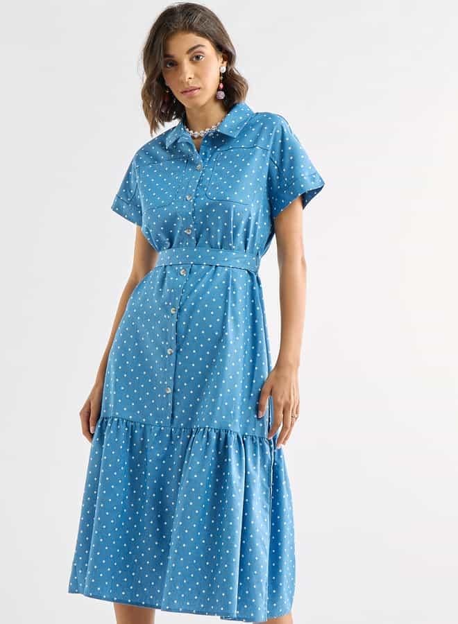 سبلاش فيڤ فستان قميص بطبعات منقّطة وجيوب ورباط - Image 2