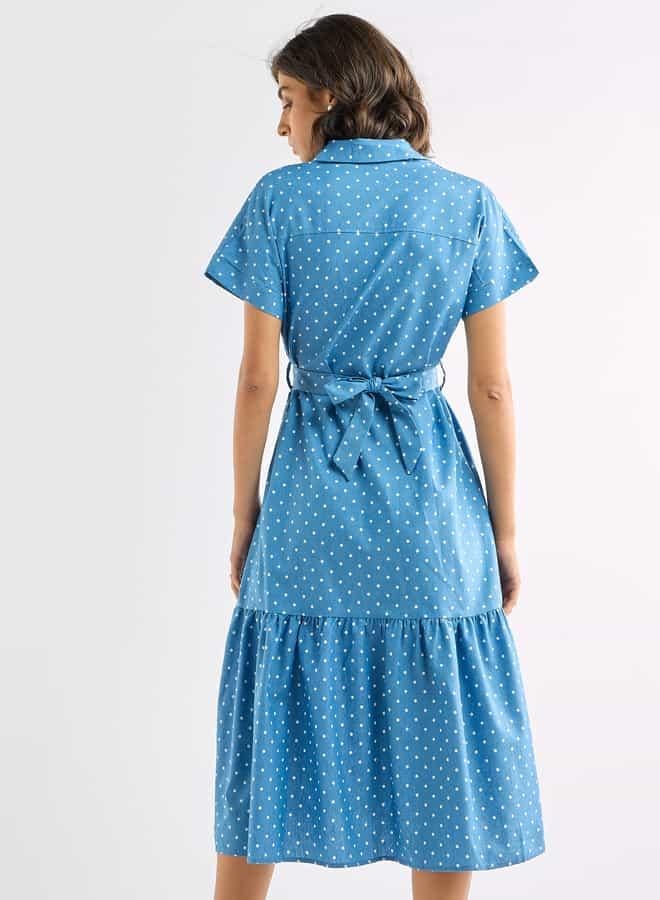 سبلاش فيڤ فستان قميص بطبعات منقّطة وجيوب ورباط - Image 3