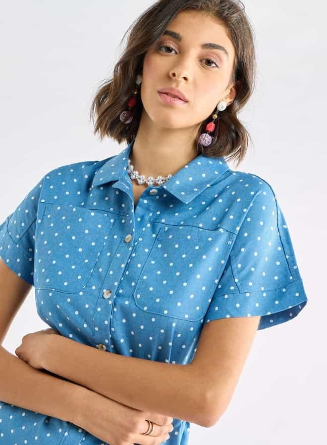 سبلاش فيڤ فستان قميص بطبعات منقّطة وجيوب ورباط - Image 4