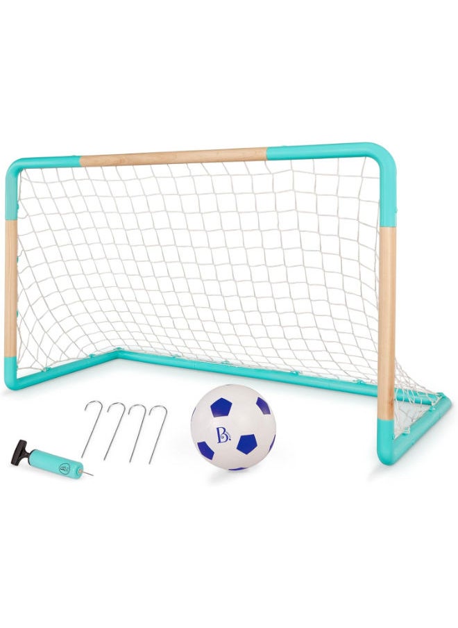 B. Toys Kids Soccer Net And Ball Set, Wooden Frame, Inflatable Ball  - Image 1