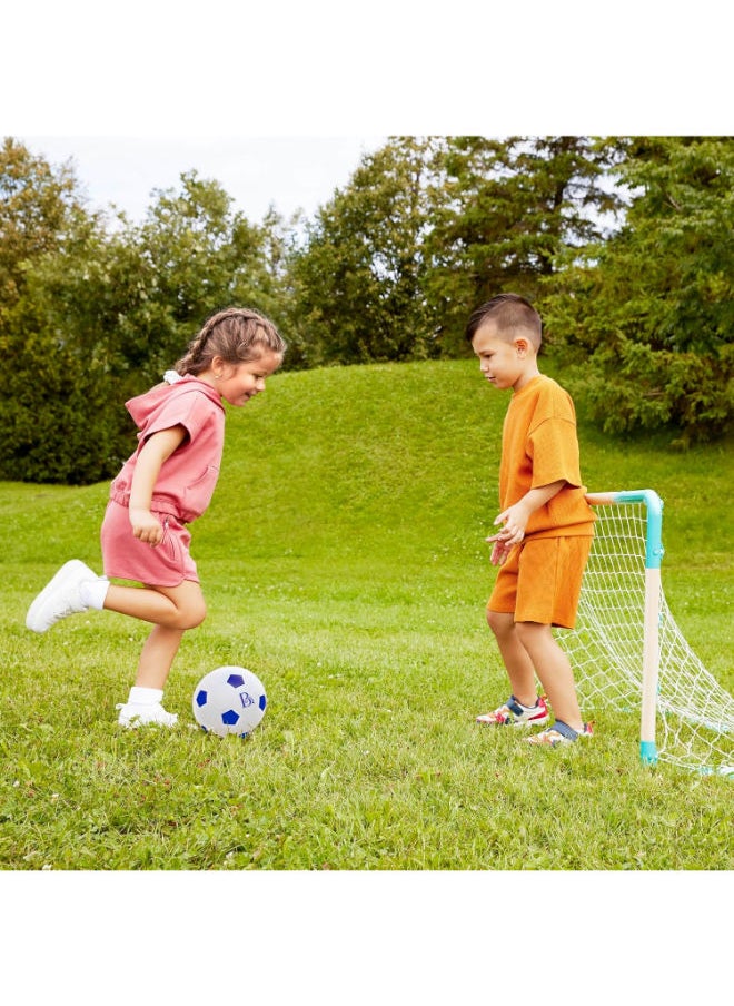B. Toys Kids Soccer Net And Ball Set, Wooden Frame, Inflatable Ball  - Image 2