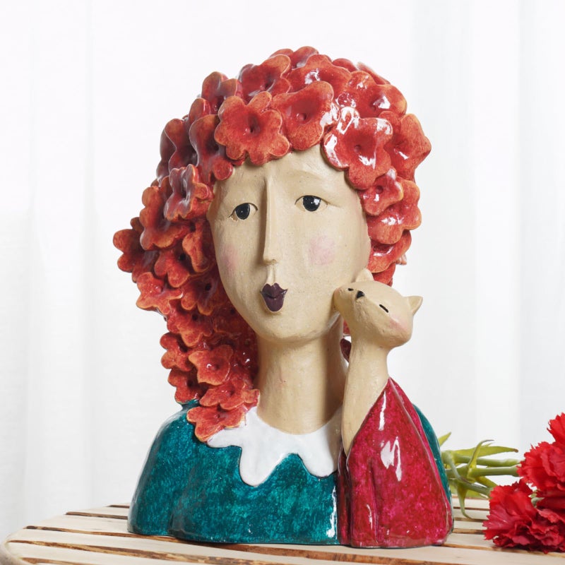 DiliComing Garden-Statues Women-Head Statues for Home Decor - 13 Inch Women with Cat Modern Art Statue, Resin Cat Sculptures for Patio, Tabletop, Bedroom, Office, Garden Home DÃ©cor (Red) - Image 4