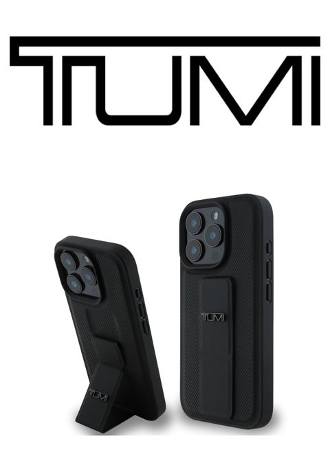 iPhone 16 Pro Max Case, and has an adjustable grip that can be used as a stand, in a French design in a Leather Black color with an original logo approved by the global brand TUMI. From CG Mobile.
