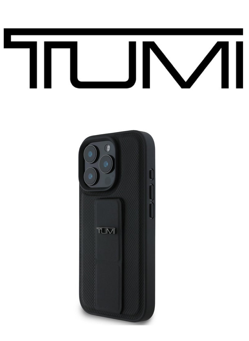 CG MOBILE - iPhone 16 Pro Max Case, and has an adjustable grip that can be used as a stand, in a French design in a Leather Black color with an original logo approved by the global brand TUMI. From CG Mobile. - Image 1