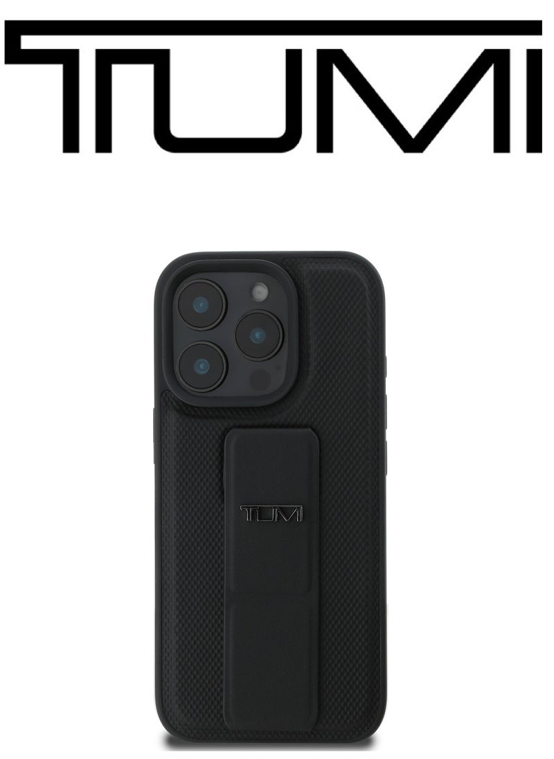 CG MOBILE - iPhone 16 Pro Max Case, and has an adjustable grip that can be used as a stand, in a French design in a Leather Black color with an original logo approved by the global brand TUMI. From CG Mobile. - Image 1