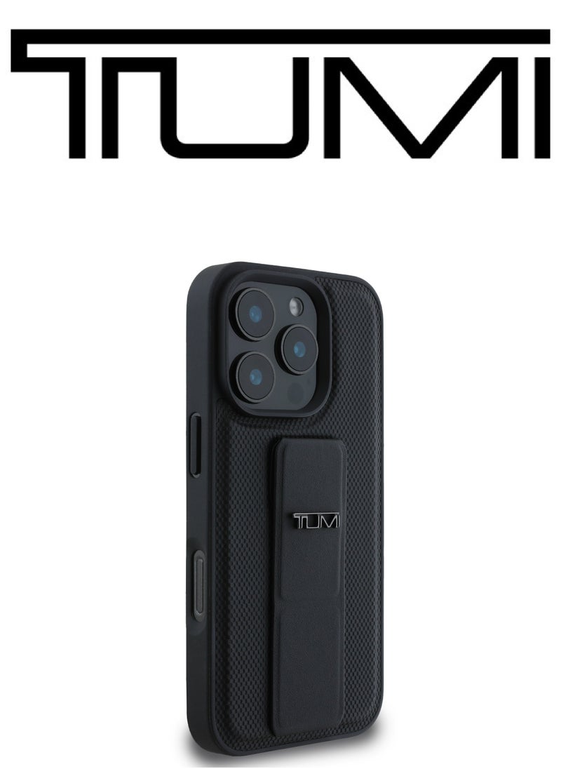 CG MOBILE - iPhone 16 Pro Max Case, and has an adjustable grip that can be used as a stand, in a French design in a Leather Black color with an original logo approved by the global brand TUMI. From CG Mobile. - Image 1