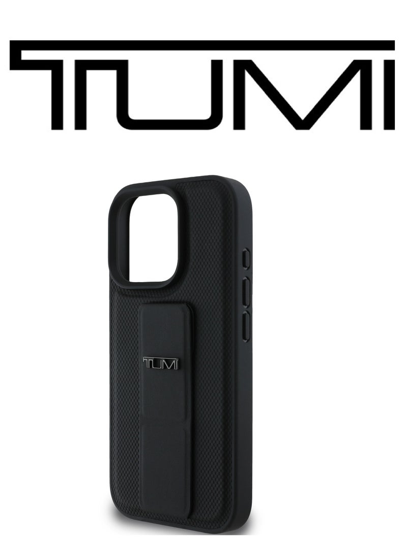 CG MOBILE - iPhone 16 Pro Max Case, and has an adjustable grip that can be used as a stand, in a French design in a Leather Black color with an original logo approved by the global brand TUMI. From CG Mobile. - Image 1