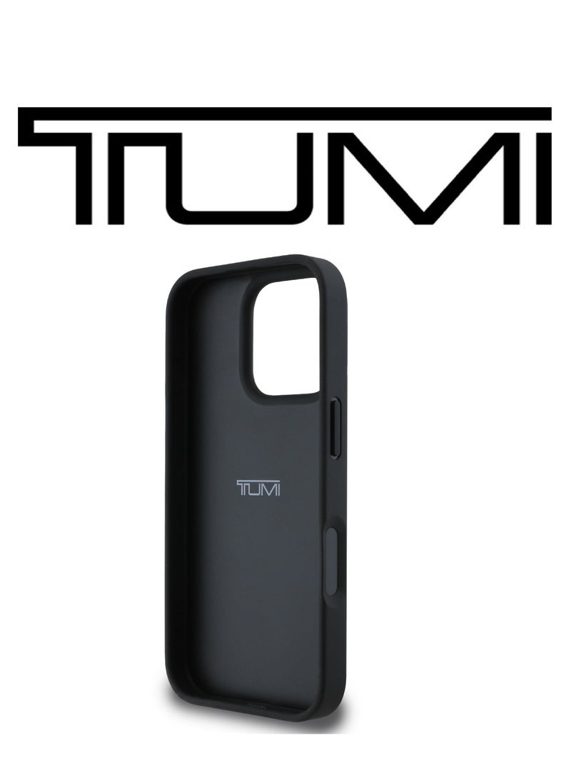 CG MOBILE - iPhone 16 Pro Max Case, and has an adjustable grip that can be used as a stand, in a French design in a Leather Black color with an original logo approved by the global brand TUMI. From CG Mobile. - Image 1