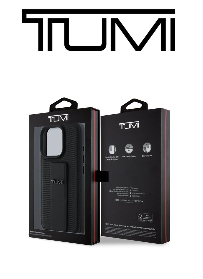 CG MOBILE - iPhone 16 Pro Max Case, and has an adjustable grip that can be used as a stand, in a French design in a Leather Black color with an original logo approved by the global brand TUMI. From CG Mobile. - Image 1
