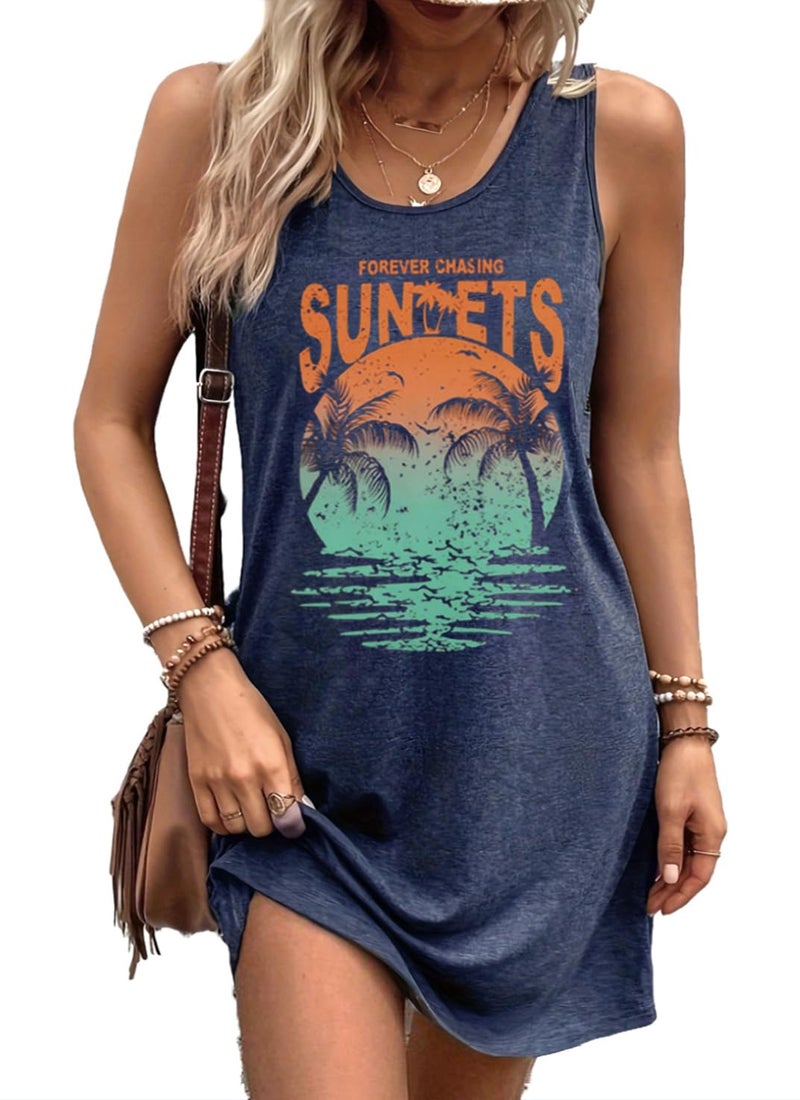 Bealatt Womens Sundresses Summer Dresses Sunset Graphic Vacation Cruise Outfits Casual Beach Sun Dress Dresses Dark Blue L - Image 1