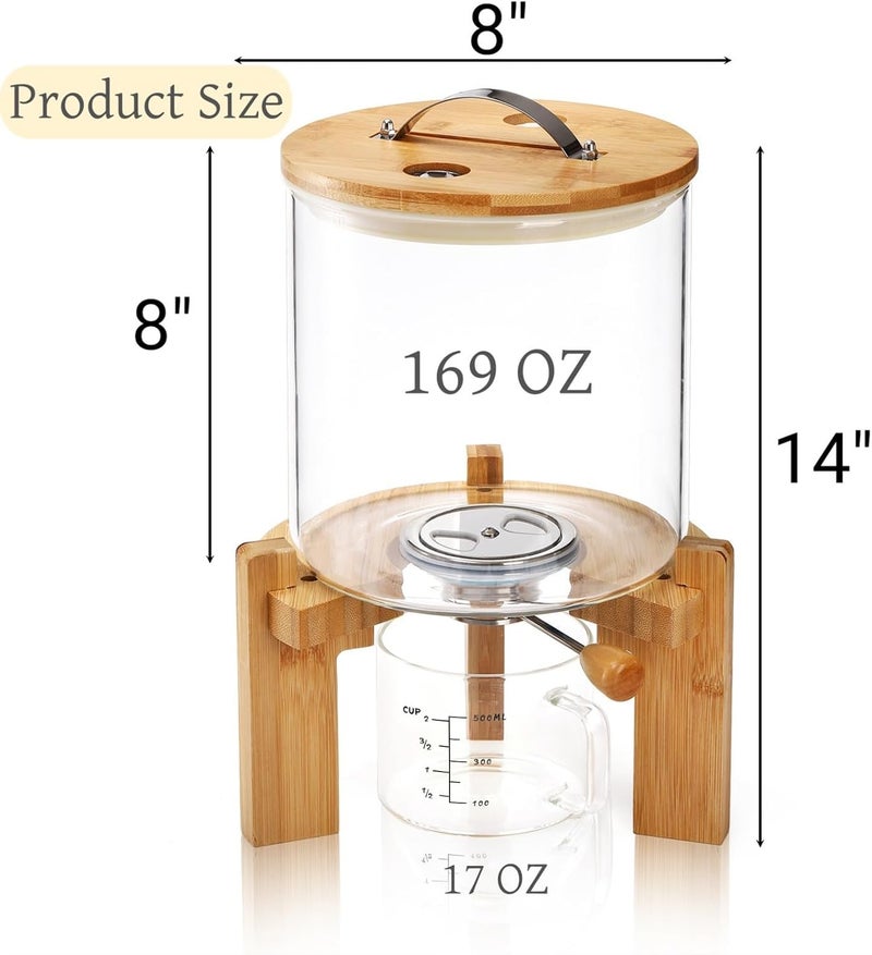 Tlence 5L Glass Rice Dispenser, Cereal Container with Bamboo Stand, Large Airtight Food Storage Bin, Rice Organization Tank with Measuring Cup for Grain Coffee Beans Dry Food - Image 2