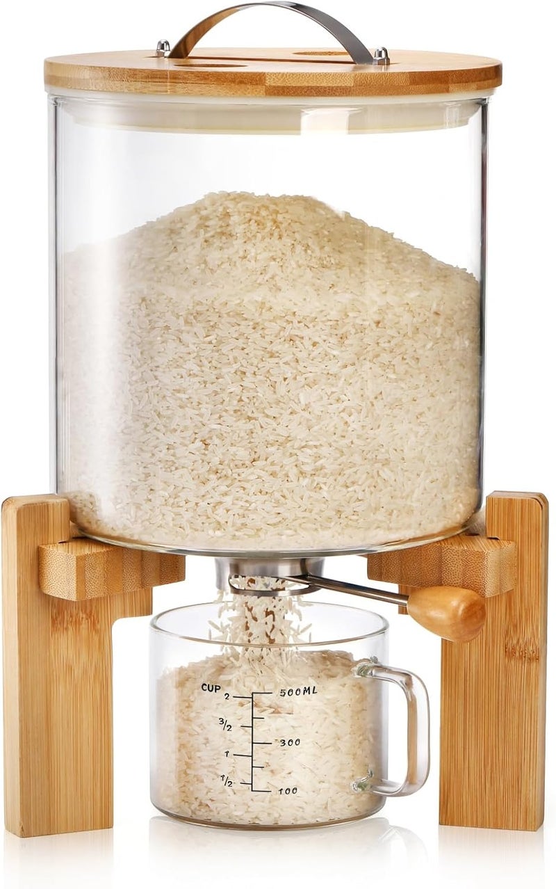 Tlence 5L Glass Rice Dispenser, Cereal Container with Bamboo Stand, Large Airtight Food Storage Bin, Rice Organization Tank with Measuring Cup for Grain Coffee Beans Dry Food - Image 1