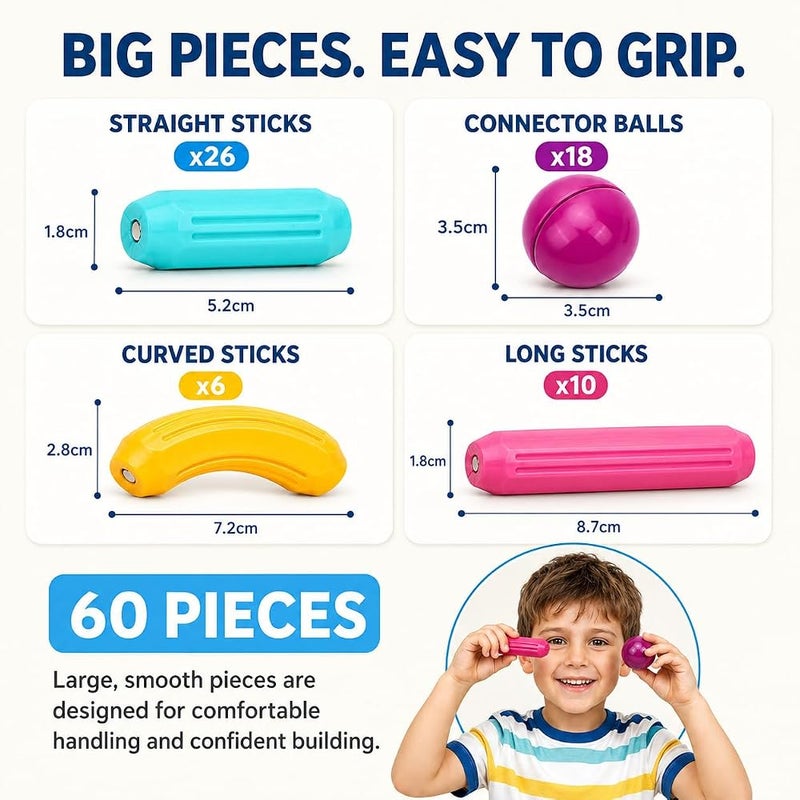 GRAFLO Magnetic Building Blocks - Magnetic Sticks and Balls Game Set 60Pcs - Construction Set, Educational, STEM Learning, Montessori Preschool Toys - Smart Magnet Construction Toy for Kids Ages 3-8 - Image 5