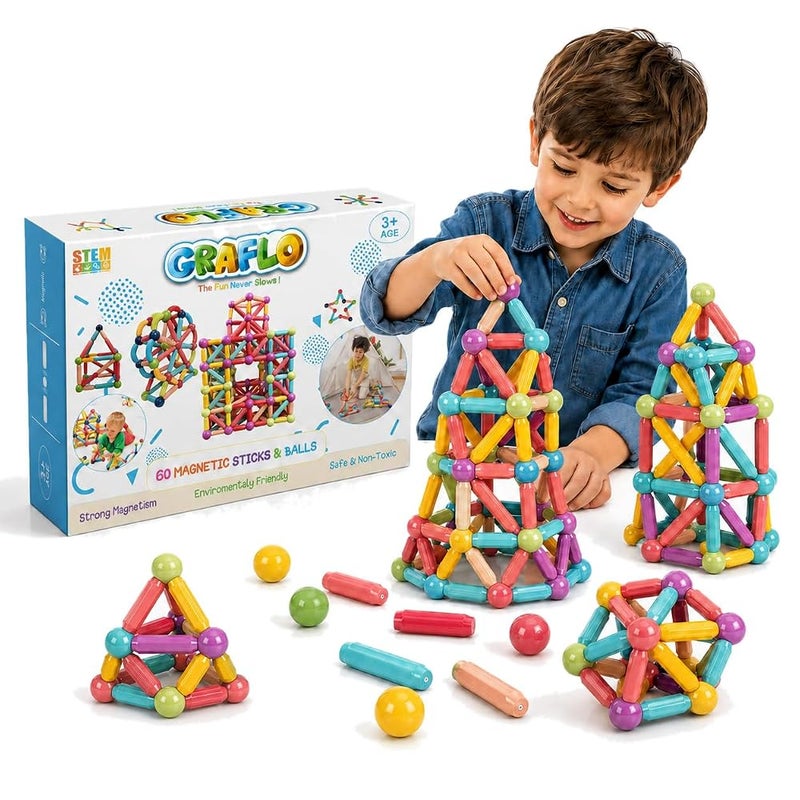 GRAFLO Magnetic Building Blocks - Magnetic Sticks and Balls Game Set 60Pcs - Construction Set, Educational, STEM Learning, Montessori Preschool Toys - Smart Magnet Construction Toy for Kids Ages 3-8 - Image 1