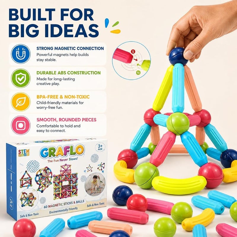 GRAFLO Magnetic Building Blocks - Magnetic Sticks and Balls Game Set 60Pcs - Construction Set, Educational, STEM Learning, Montessori Preschool Toys - Smart Magnet Construction Toy for Kids Ages 3-8 - Image 4