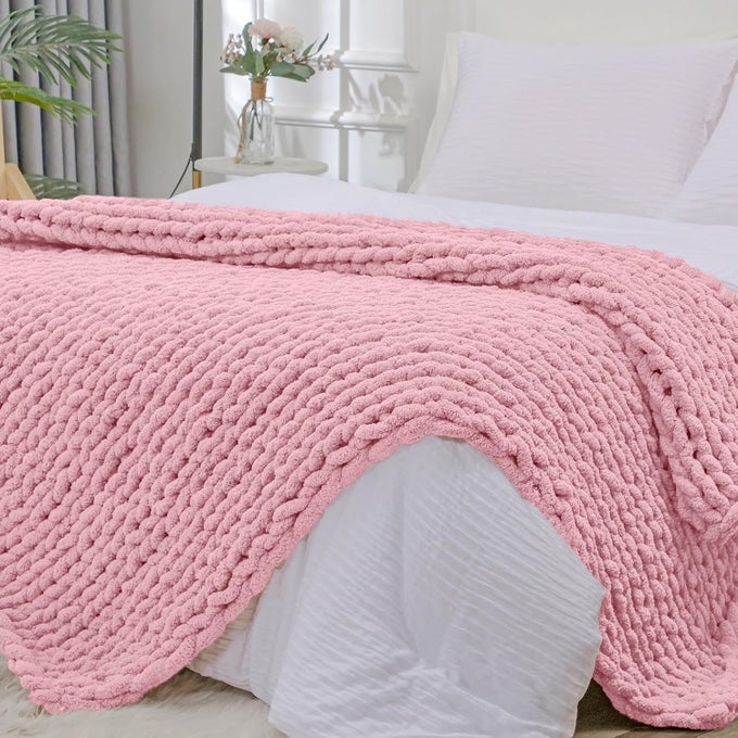 CHUNKY KNIT THROW BLANKET FOR COUCH 51X63 INCHES 100 HAND KNITTED WITH THICK JUMBO CHENILLE YARN COZY SOFT LARGE ROPE KNOT CABLE CROCHET BLANKETS FOR SOFA BED LIVING ROOM BLUSH PINK
