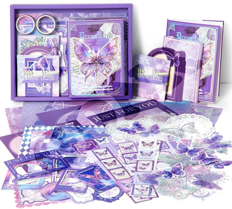 GDNK 346pcs Vintage Journal Scrapbook Pack Kit for Art Journaling Bullet, Planners DIY Paper Stickers, Craft Kits Notebook, Collage Album Aesthetic Sticker (Moonlight) (Purple Butterfly) - Image 1