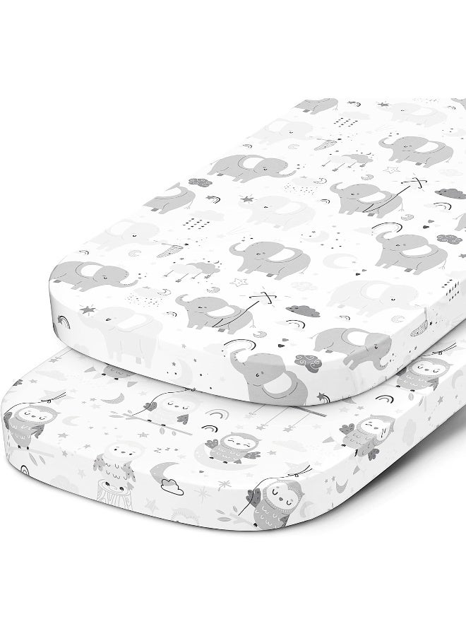 Joey + Joan Joey + Joan Bassinet Fitted Sheets for Baby Beside Dreamer Bassinet & Bedside Sleeper – Snuggly Soft 100% Jersey Cotton – 2 Pack – Grey Elephants, Cloud, Stars, Moon, Owl - Image 1