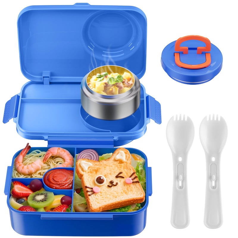 DaCool Upgraded Kids Lunch Box with Thermo for Hot Food 1400ml Child Bento Box for Kids with 5oz Small Thermo for Boys Girls with Fork Spoon Leakproof for Dining Out School Work Picnic, Blue - Image 1