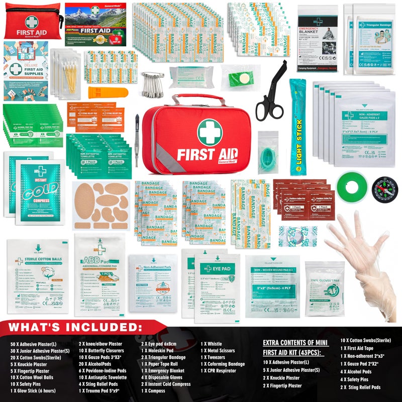 General Medi 2-in-1 First Aid Kit (215 Piece Set) + 43 Piece Mini First Aid Kit -Includes Ice(Cold) Pack, Moleskin Pad and Emergency Blanket for Travel, Home, Office, Car, Workplace - Image 2