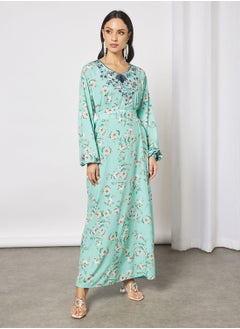 Hayat Jalabiya With Floral Embroidery And Garterised Wrist With Belt  - Image 1