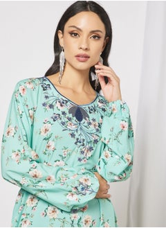 Hayat Jalabiya With Floral Embroidery And Garterised Wrist With Belt  - Image 5