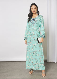 Hayat Jalabiya With Floral Embroidery And Garterised Wrist With Belt  - Image 3