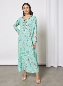 Hayat Jalabiya With Floral Embroidery And Garterised Wrist With Belt  - Image 4