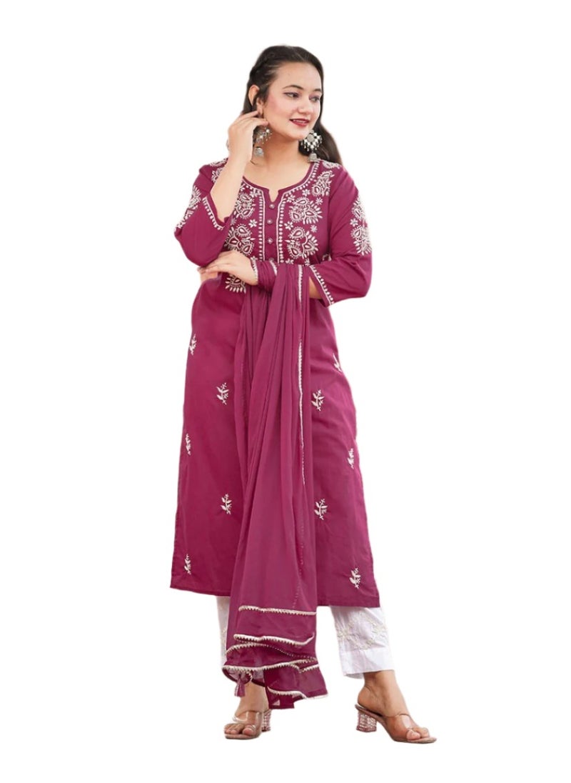 Lucknowi Chikankari Cotton Kurta Set with Dupatta - Wine Red - pzsku/Z494A34A2332DF2520A1DZ/45/1741347556/6218dfe6-3cd5-4650-b7cc-62032679128e