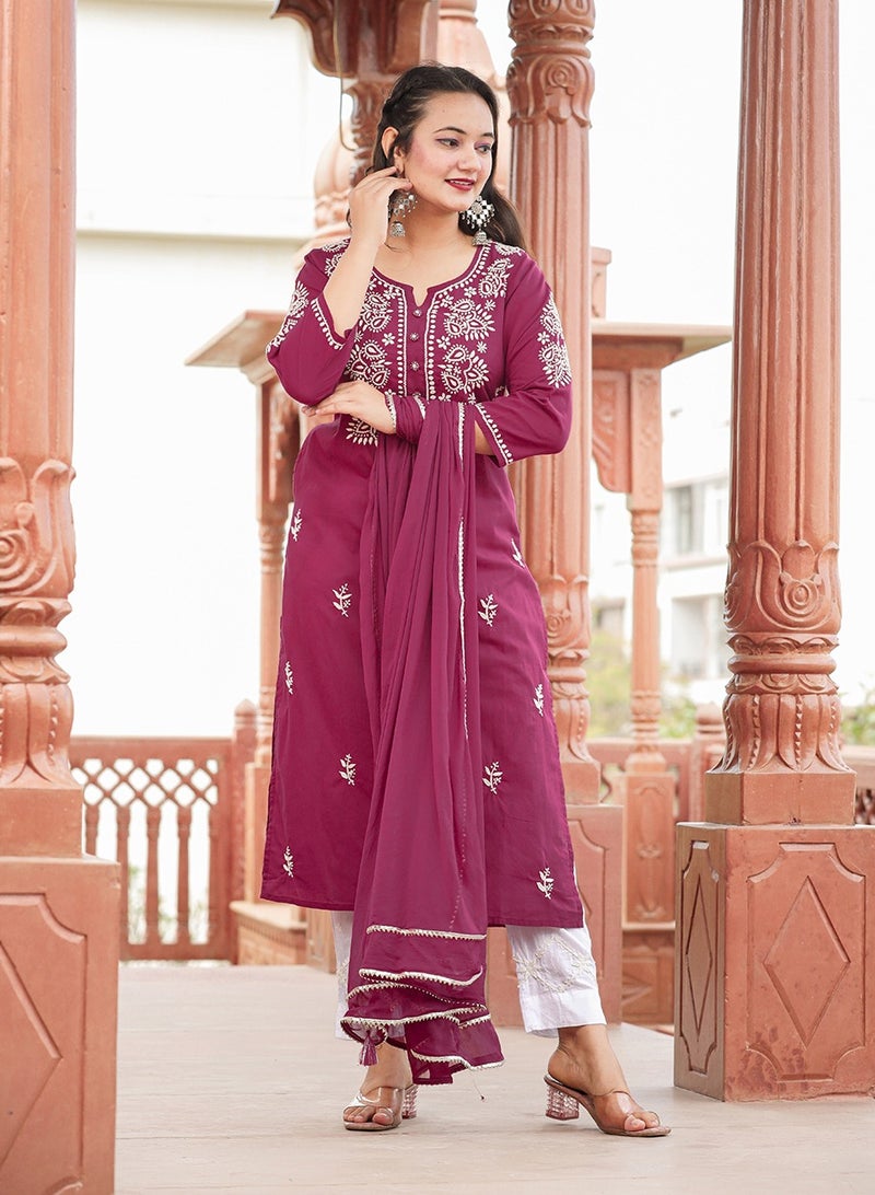Swadesh Souq Lucknowi Chikankari Cotton Kurta Set with Dupatta - Wine Red  - Image 1