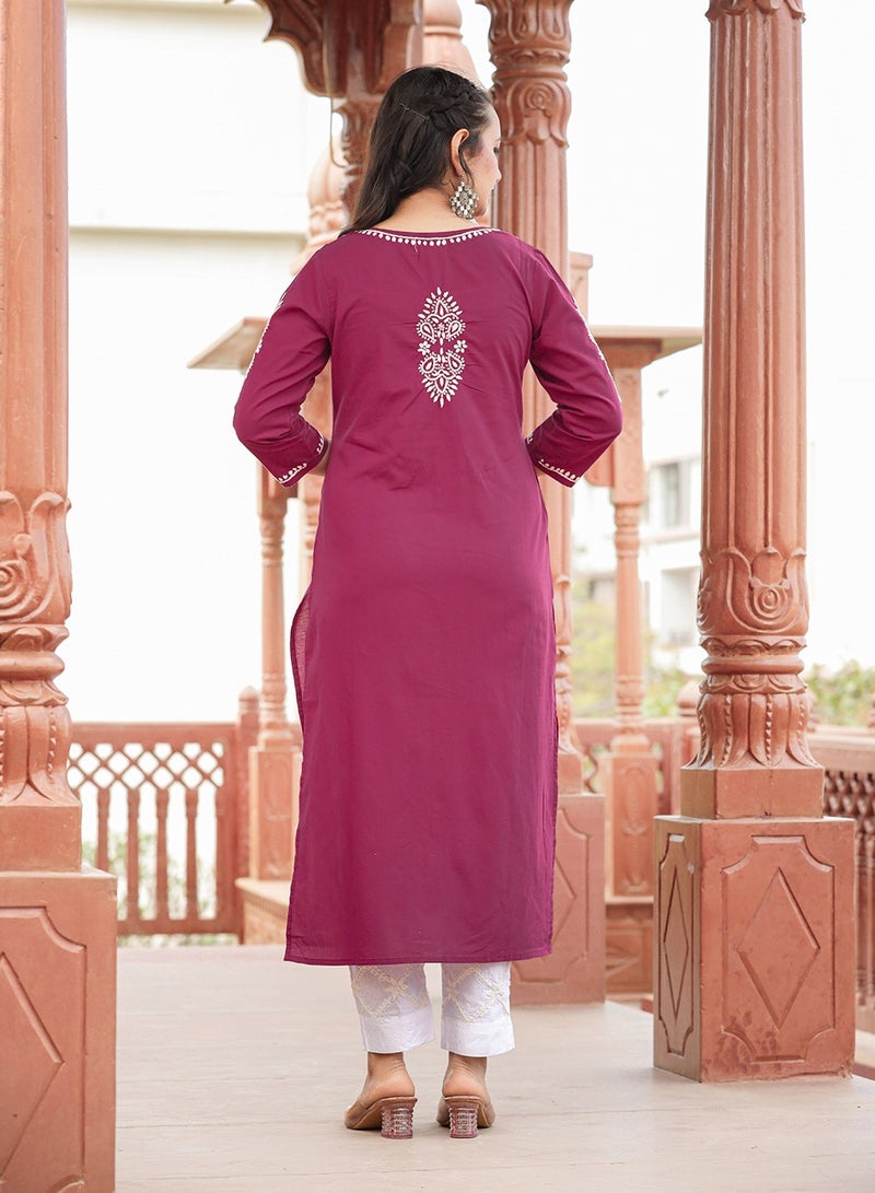 Swadesh Souq Lucknowi Chikankari Cotton Kurta Set with Dupatta - Wine Red  - Image 2