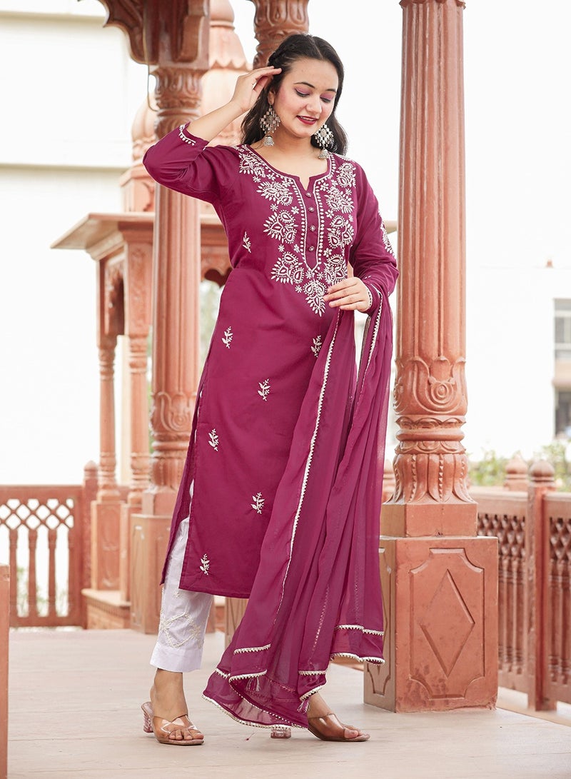 Swadesh Souq Lucknowi Chikankari Cotton Kurta Set with Dupatta - Wine Red  - Image 4