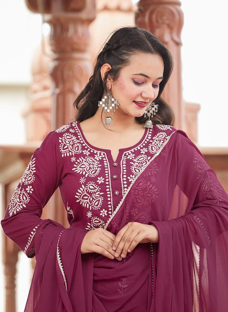Swadesh Souq Lucknowi Chikankari Cotton Kurta Set with Dupatta - Wine Red  - Image 3