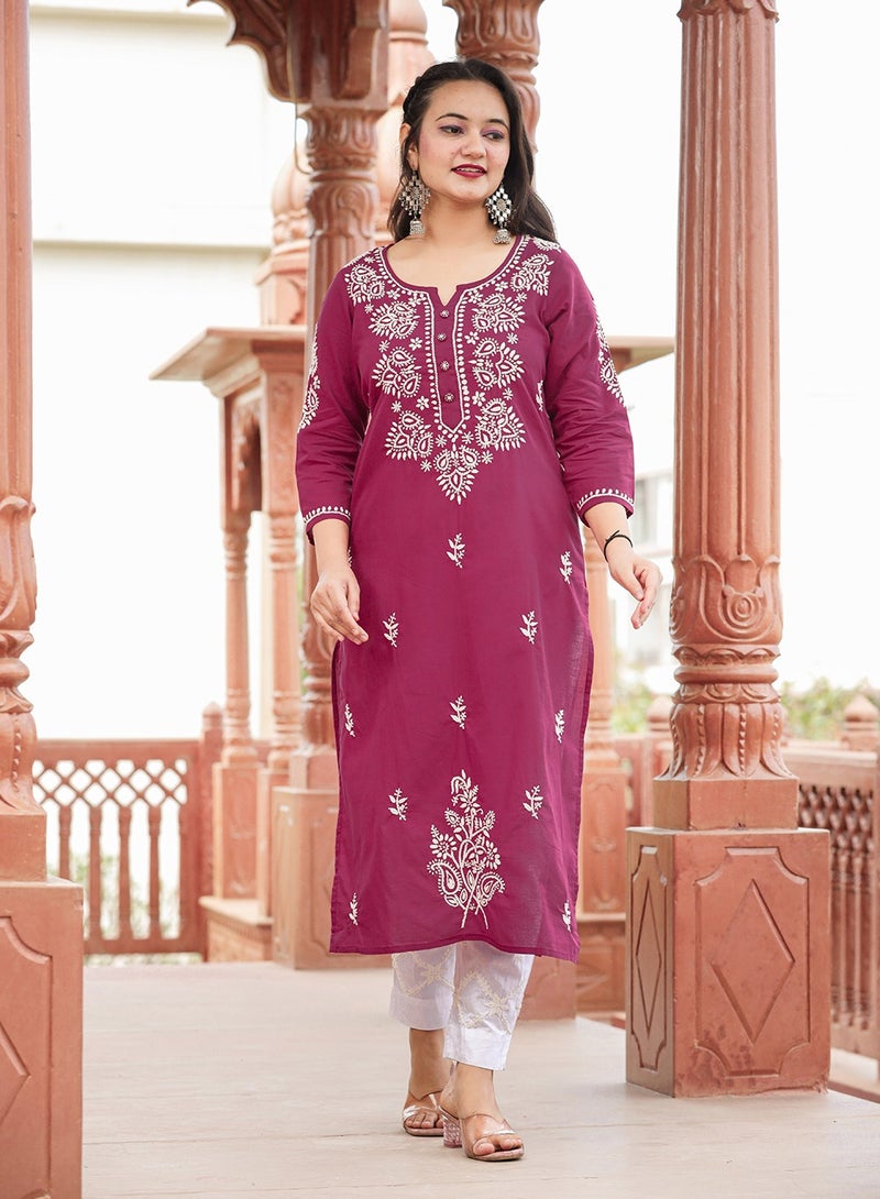 Swadesh Souq Lucknowi Chikankari Cotton Kurta Set with Dupatta - Wine Red  - Image 5